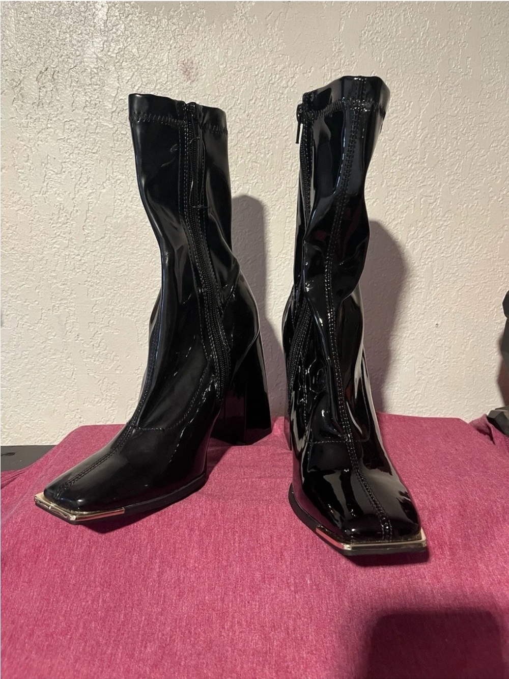Patent Black Square-Toe Mid-Calf Block Heel Booties